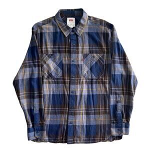 Levi’s Flannel Button-Down Shirt Men’s L – Blue Brown Plaid 100% Cotton